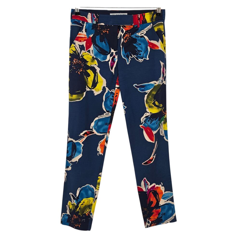 Trina Turk Navy Blue Midnight Floral Aubree Slim Ankle Pants W/ Pockets Size 2